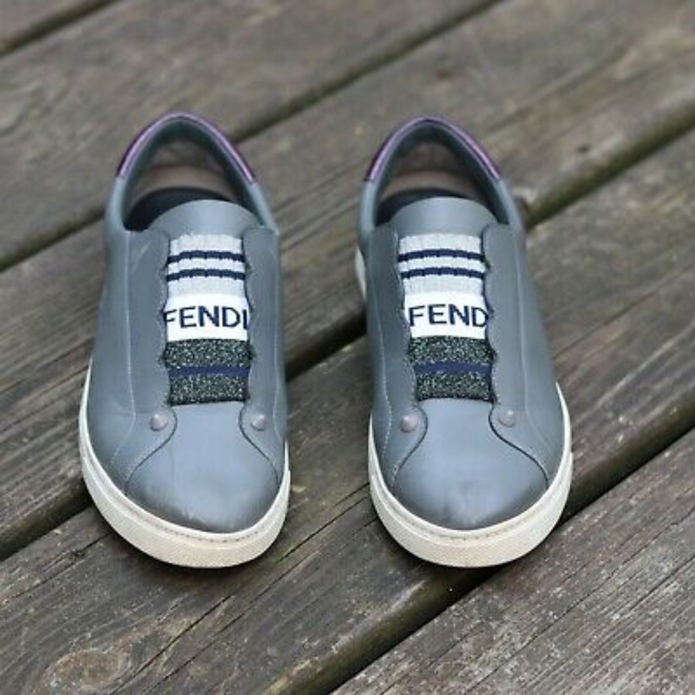 FENDI GREY SCALLOPED LOGO SLIP-ON LEATHER SNEAKER